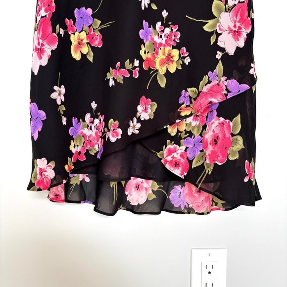 Talbots Size 8 Floral Dress Black Pink Midi Cap Sleeve Lunch Date Church Dress - Picture 8 of 15